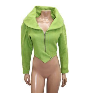 Vintage 80s SANTANA Lime Green Crop Jacket Oversized Collar Zip Front M